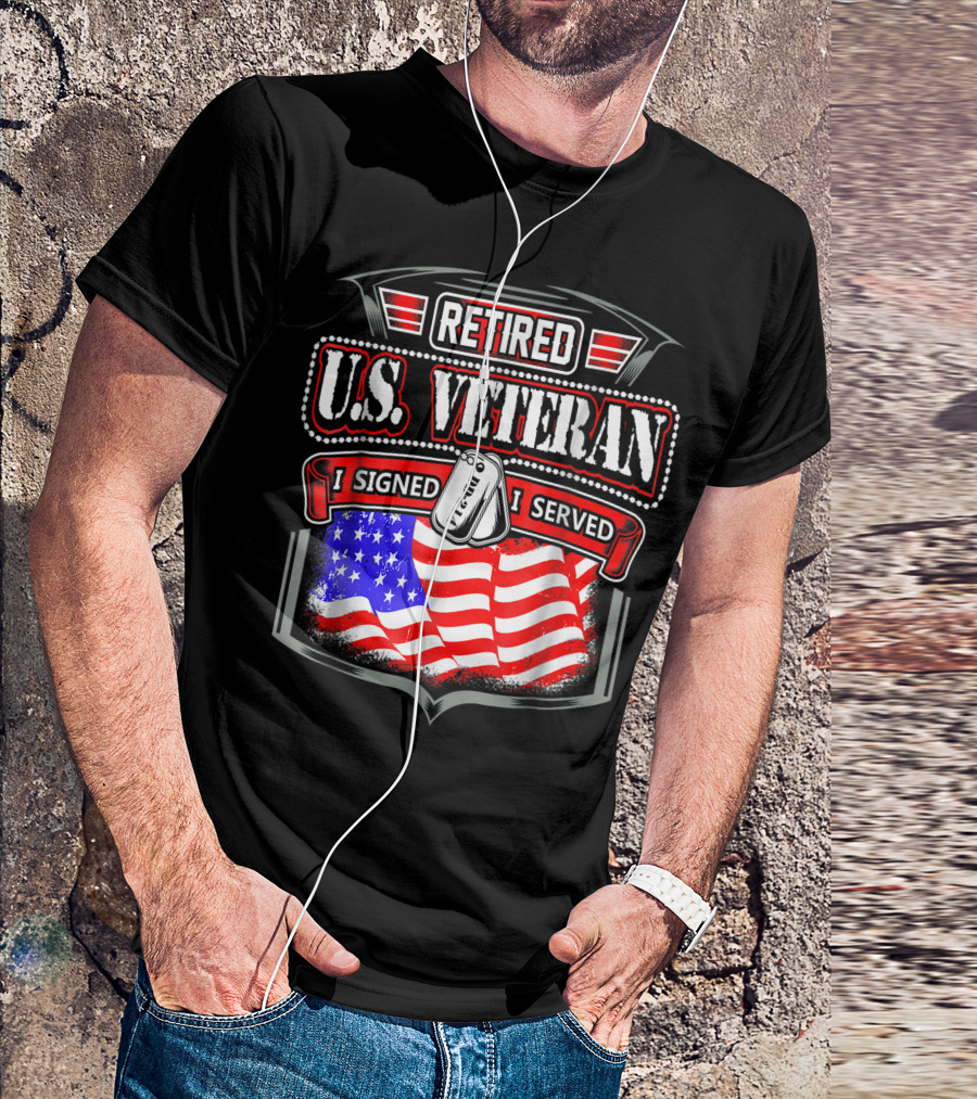 Retired U.S. Veteran I Signed I Served DD 214 American Flag Dog Tags T-Shirt
