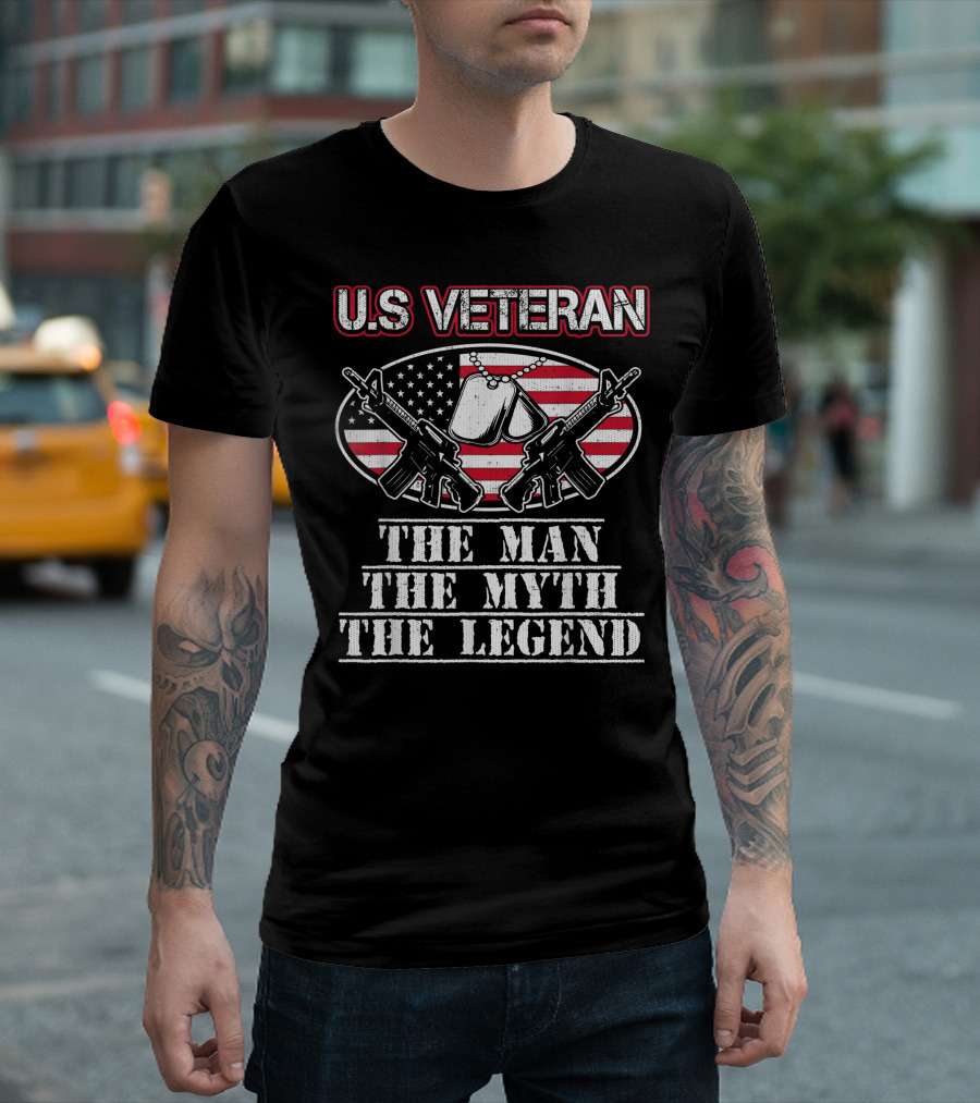 U.S. Veteran The Man The Myth The Legend American Flag Dog Tags Crossed Rifles T-Shirt