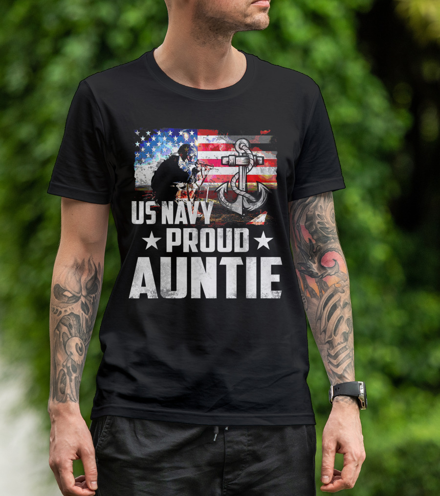 US Navy Proud Auntie With American Flag And Anchor Symbols T-Shirt