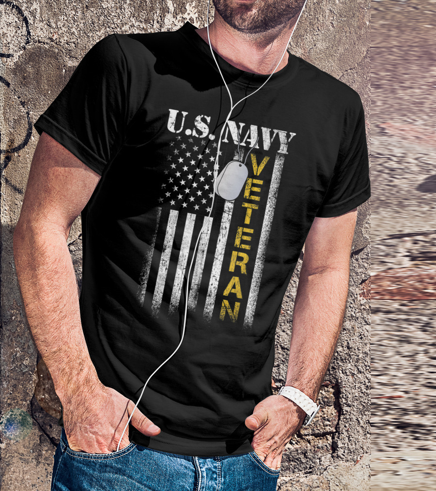 U.S. Navy Veteran American Flag Dog Tag T-Shirt