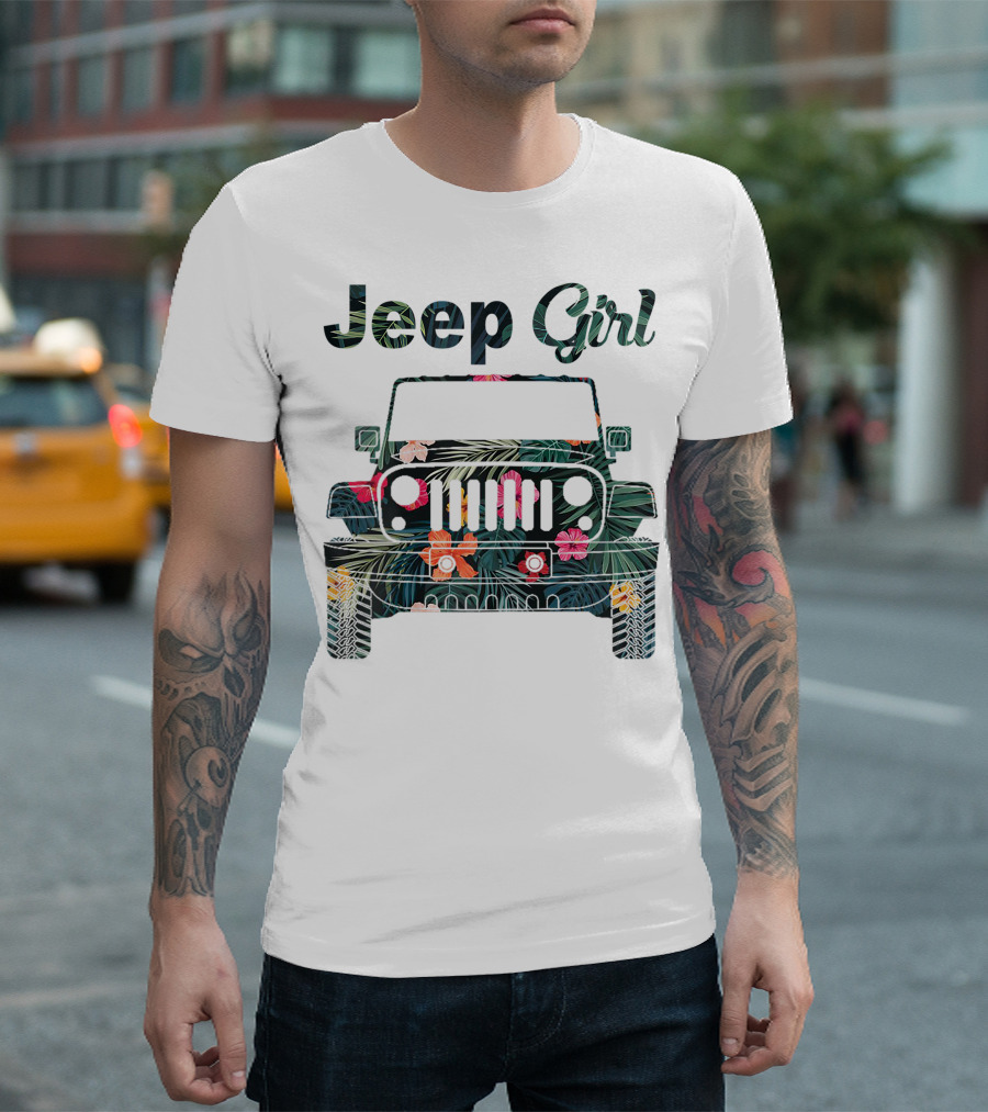 Jeep Girl Flower Pattern Veteran Soldier Military Flag Jeep T-Shirt