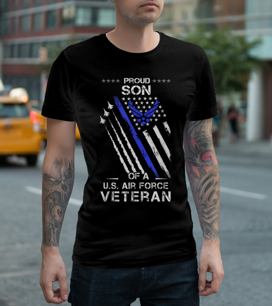 Proud Son Of A U.S. Air Force Veteran With Jets And Stars Iconic American Flag T-Shirt