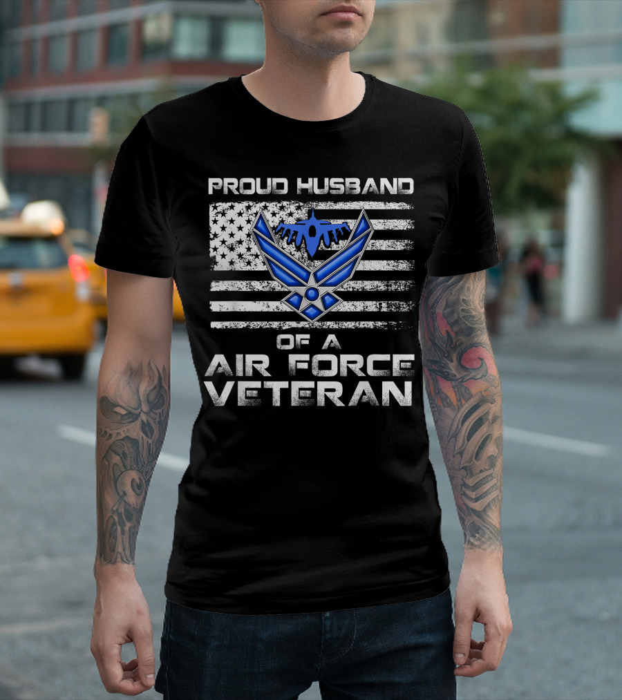 Proud Husband of a US Air Force Veteran USAF Flag and Emblem T-Shirt
