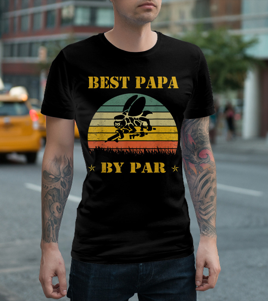 Best Papa By Par Seabee Veteran Retro Sunset Bee T-Shirt