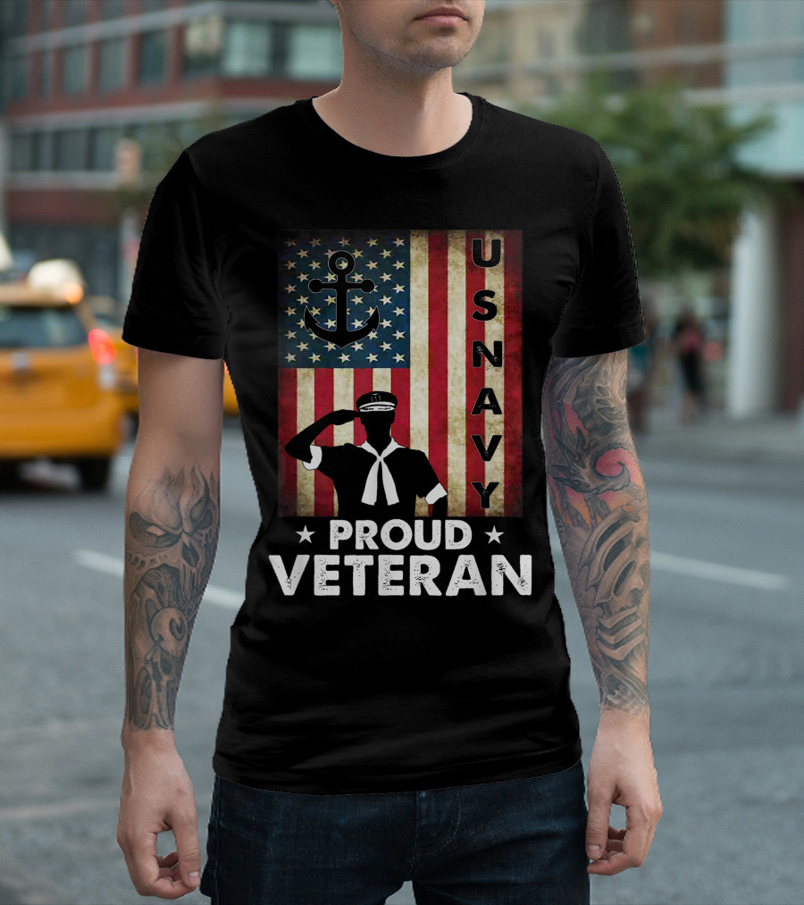 Proud Veteran US Navy Patriotic American Flag Anchor Salute T-Shirt