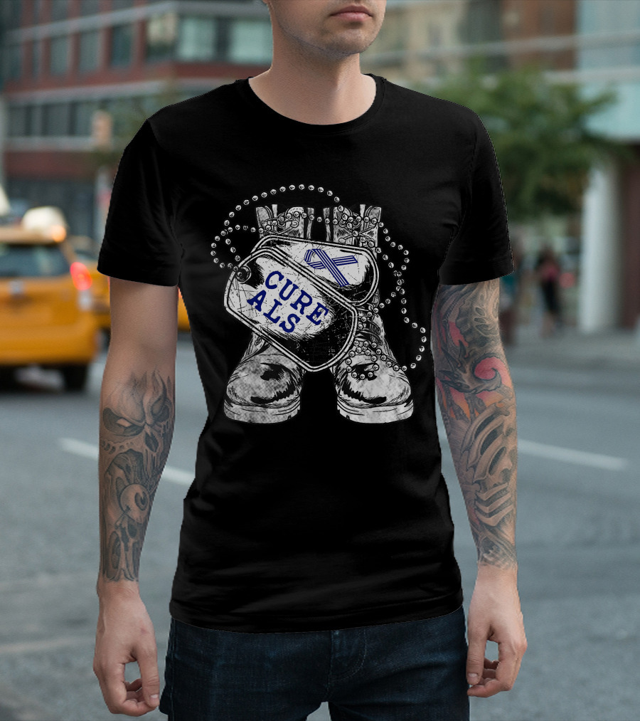 Cure ALS Military Dog Tags And Combat Boots Awareness For Veterans T-Shirt