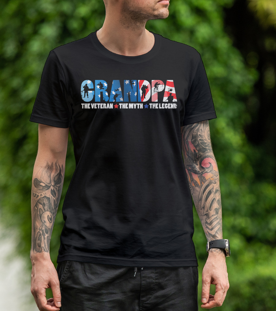 GRANDPA The Veteran The Myth The Legend American Flag Stars T-Shirt