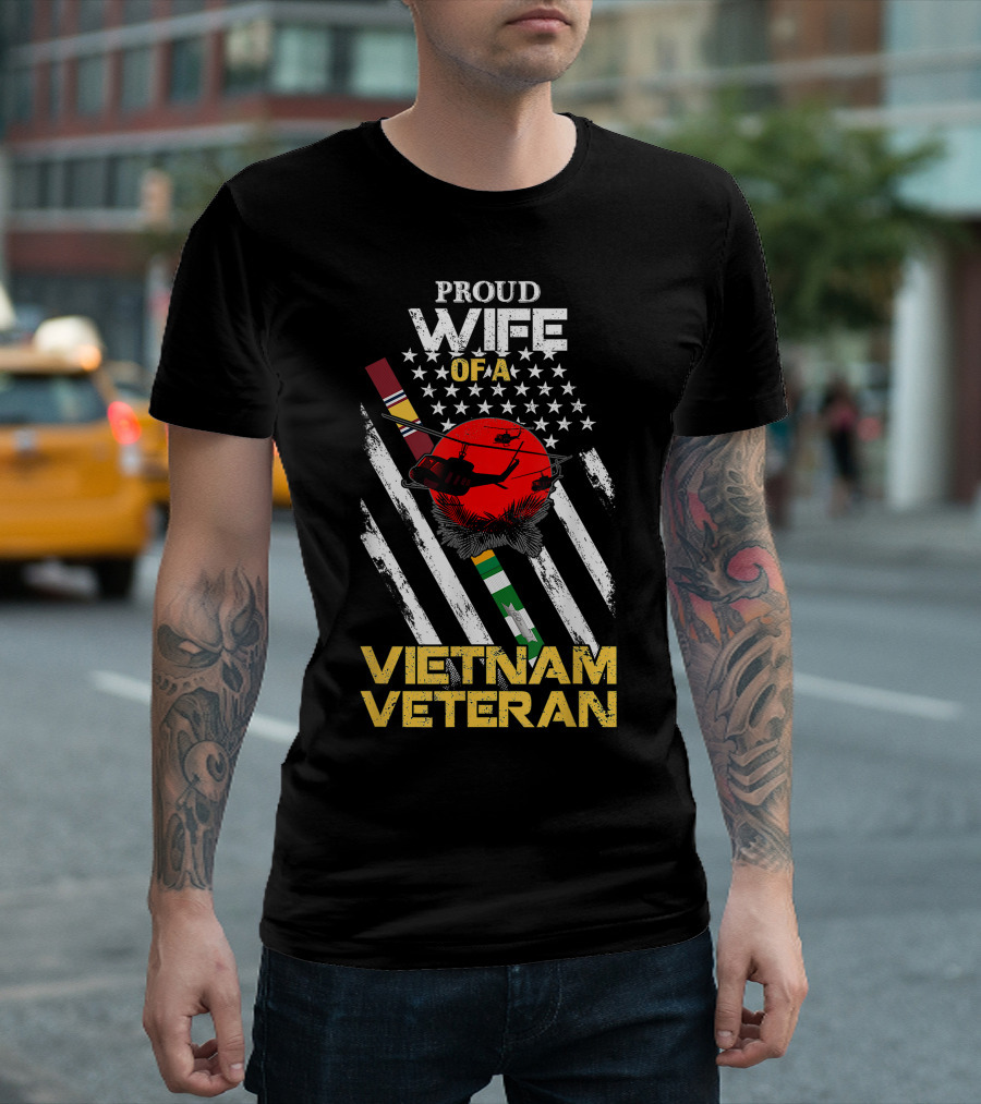 Proud Wife Of A Vietnam Veteran American Flag Helicopter T-Shirt
