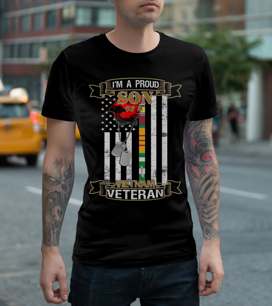 I'M A Proud Son Of A Vietnam Veteran American Flag Dog Tags T-Shirt