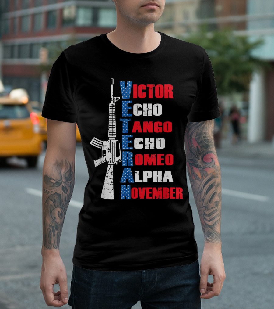 Veteran Victor Echo Tango Echo Romeo Alpha November Military Phonetic Alphabet Rifle American Flag T-Shirt