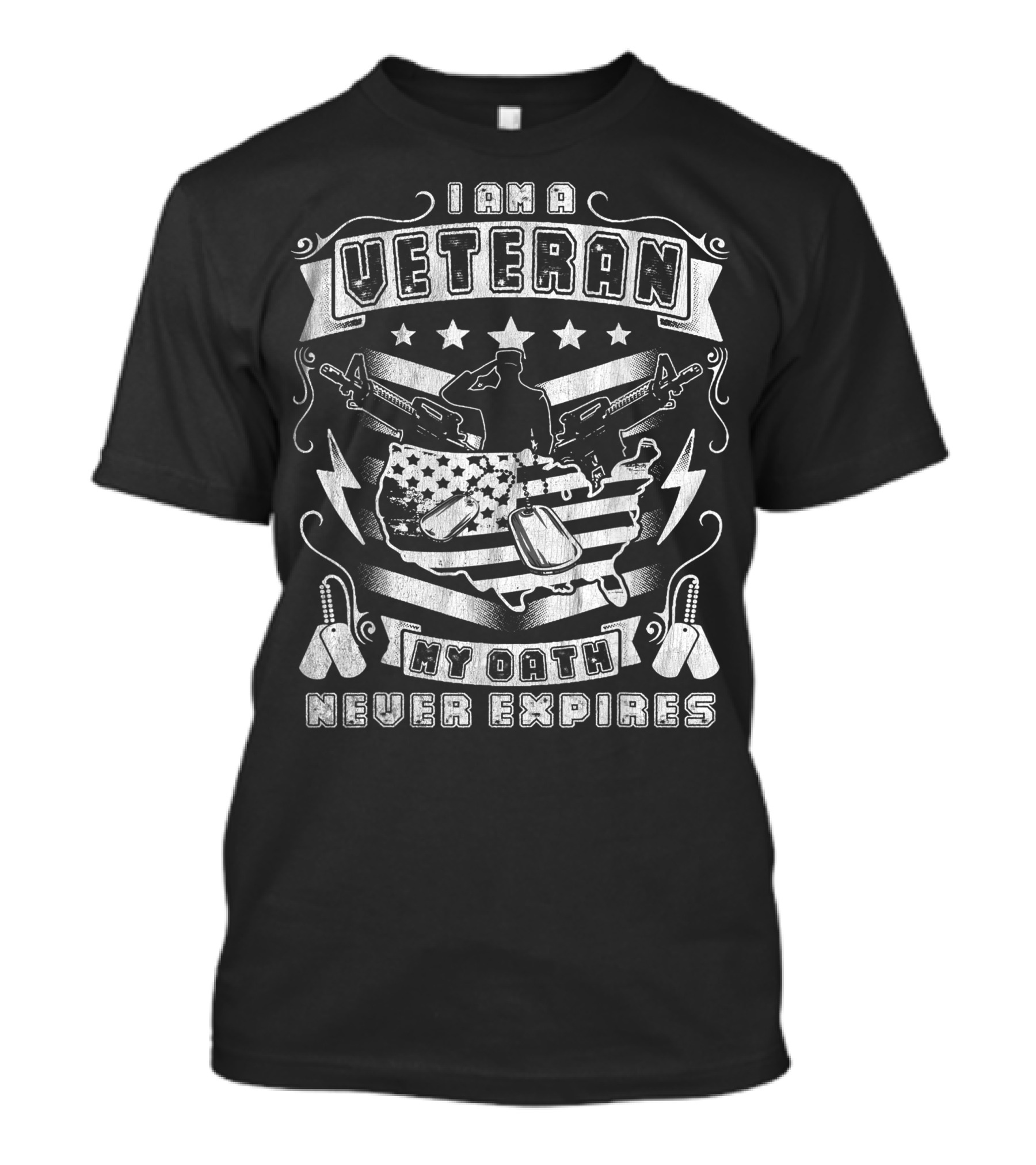 I Am A Veteran My Oath Never Expires USA Map Dog Tags Veteran Silhouette Stars Stripes T-Shirt