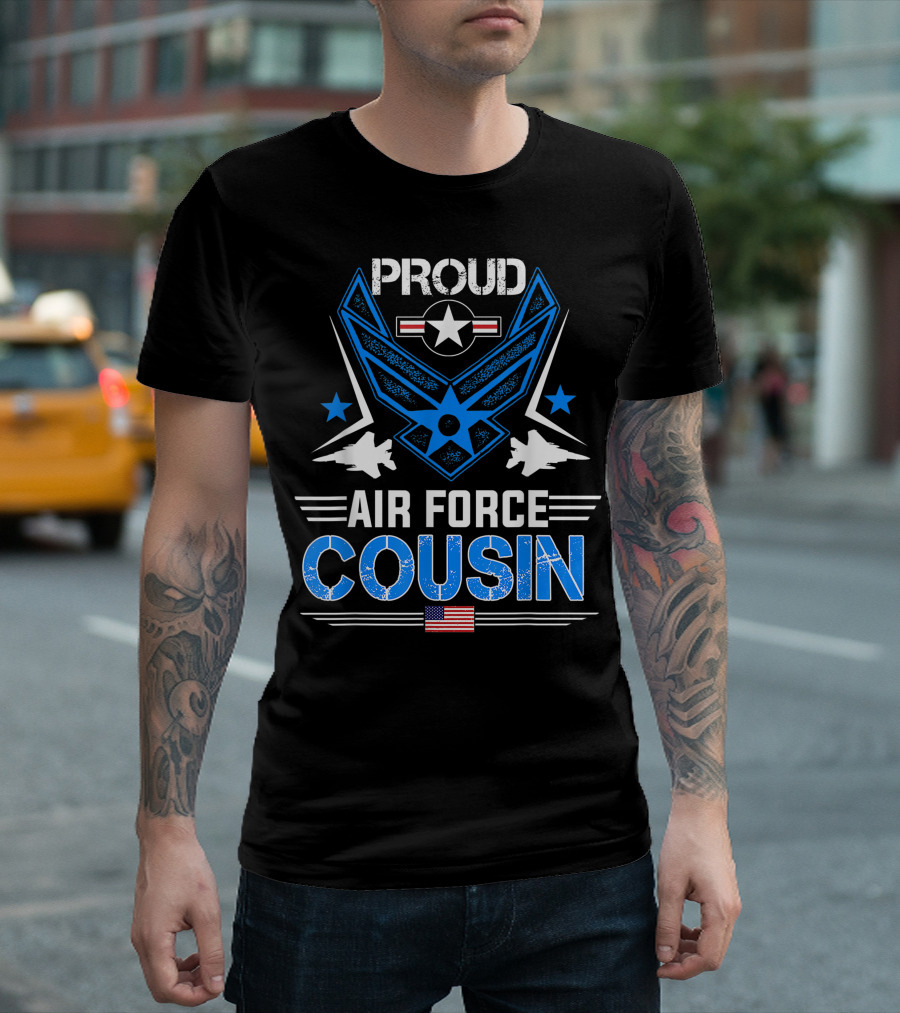 Proud Air Force Cousin Veteran Pride with Stars and Fighter Jets T-Shirt
