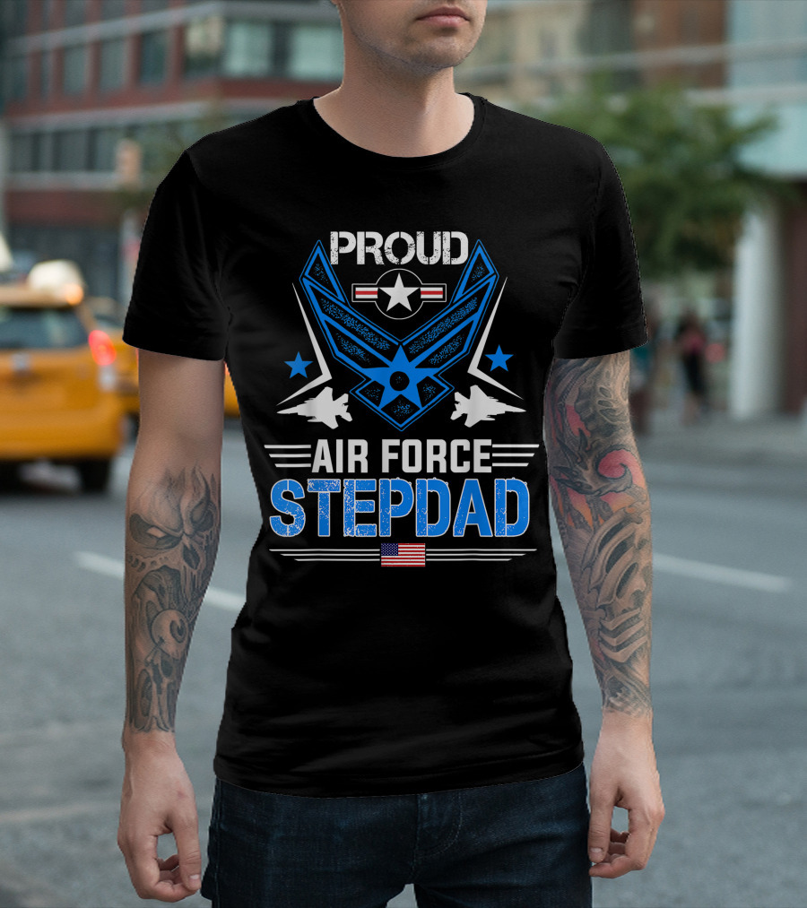 Proud Air Force Stepdad Veteran Pride With American Flag And Military Jets T-Shirt