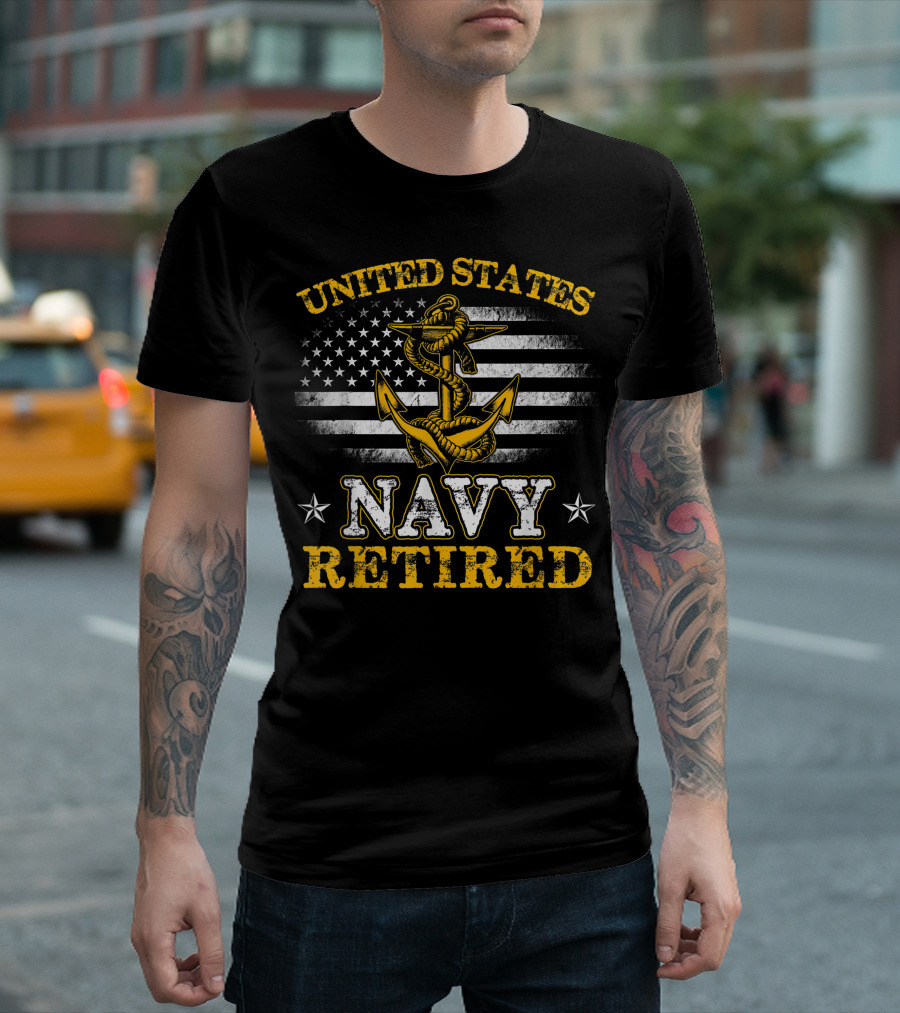 United States Navy Retired Anchor American Flag Stars Faded Grunge Veteran T-Shirt