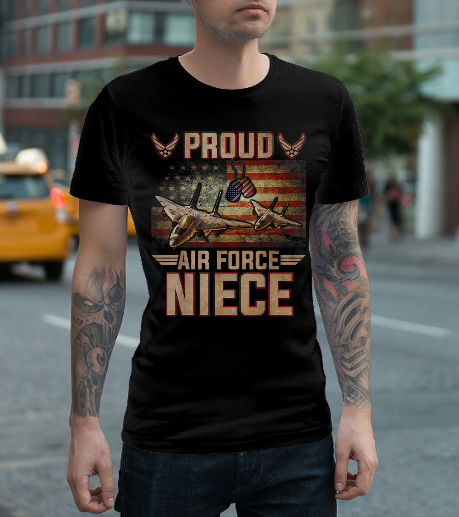 Proud Air Force Niece Veteran Pride With Jet Fighters And American Flag T-Shirt