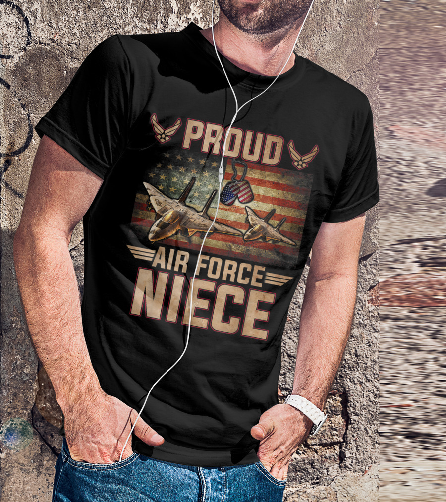 Proud Air Force Niece Veteran Pride With Jet Fighters And American Flag T-Shirt