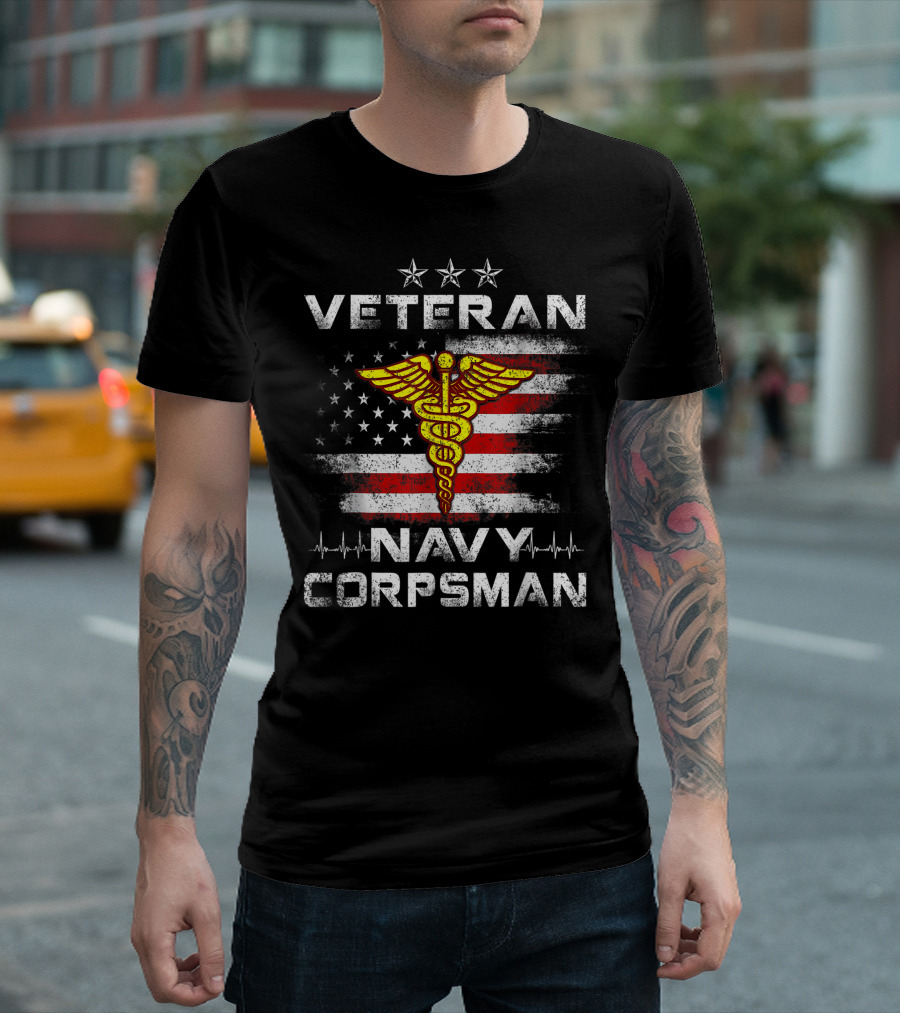 Veteran Navy Corpsman American Flag Caduceus 4th of July T-Shirt