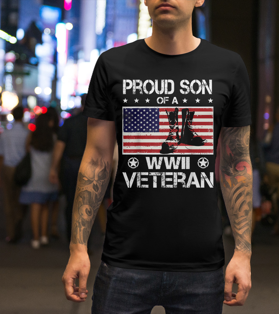 Proud Son Of A WWII Veteran US Flag Boots T-Shirt