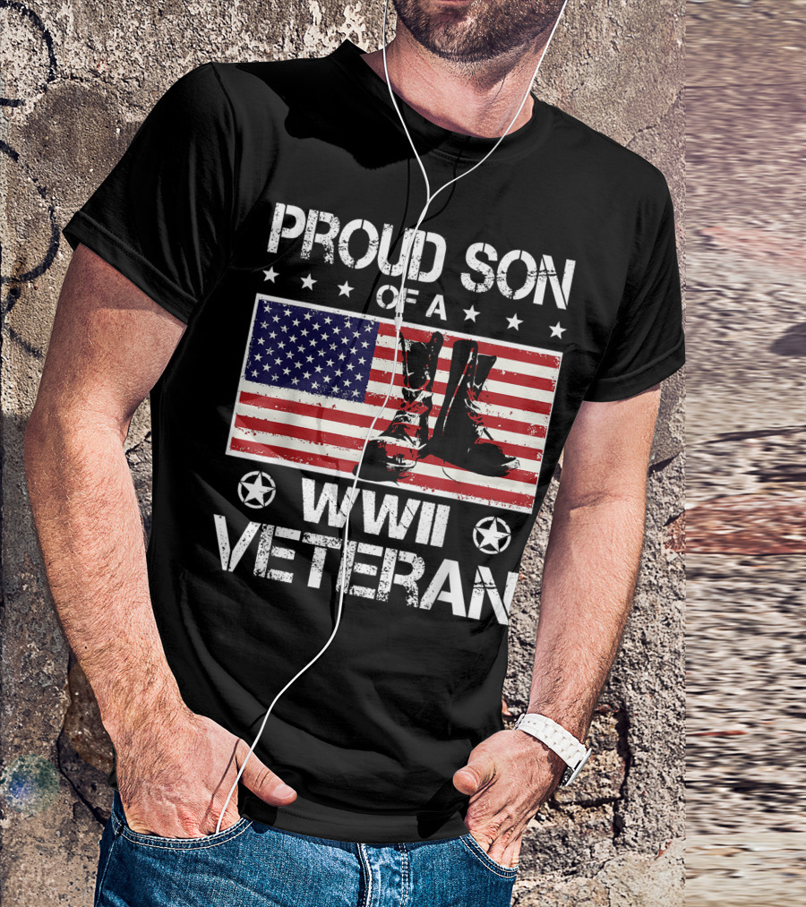 Proud Son Of A WWII Veteran US Flag Boots T-Shirt