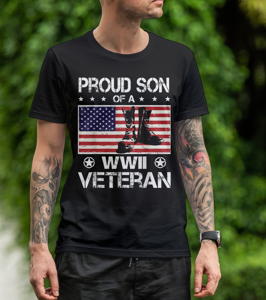 Proud Son Of A WWII Veteran US Flag Boots T-Shirt