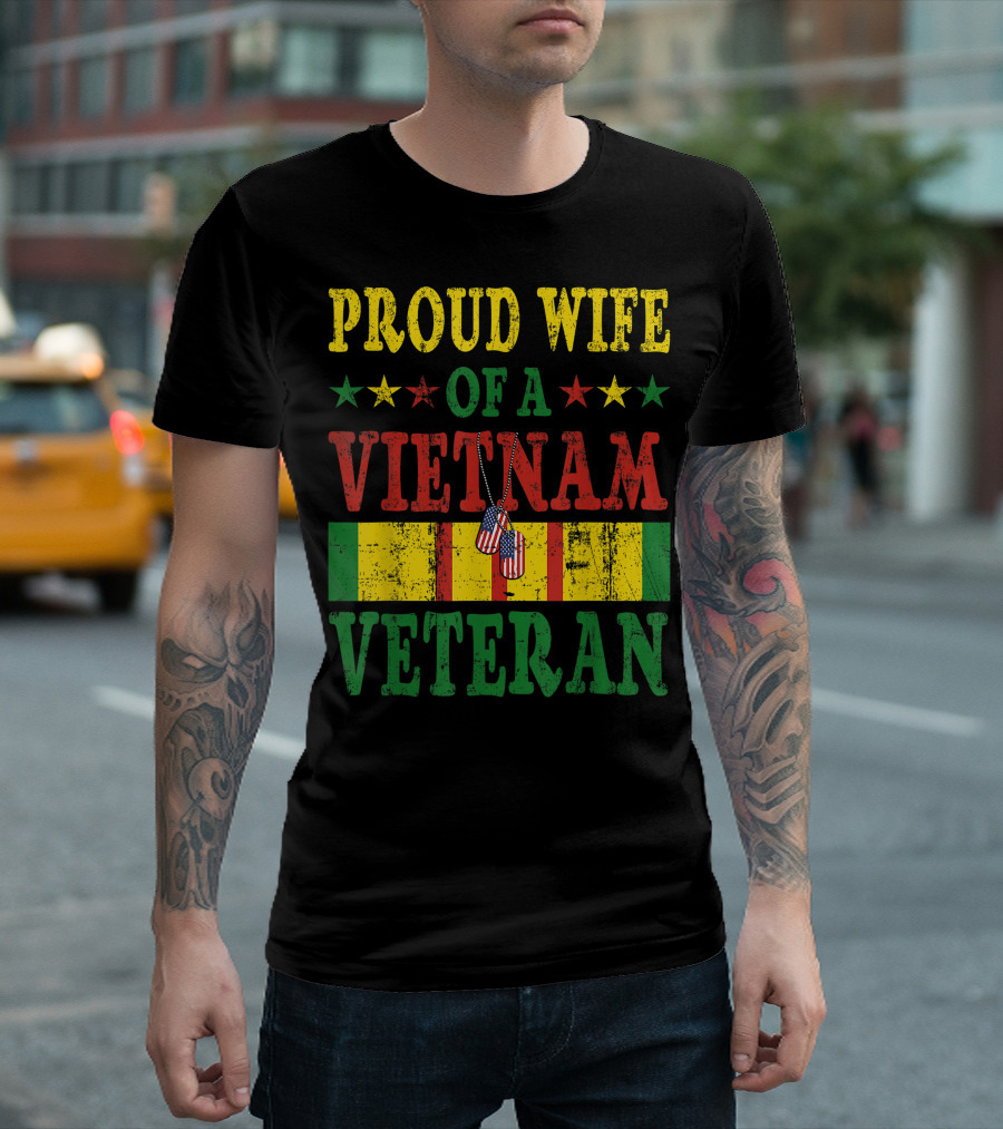 Proud Wife of a Vietnam Veteran with American Flag Dog Tags and Stars T-Shirt