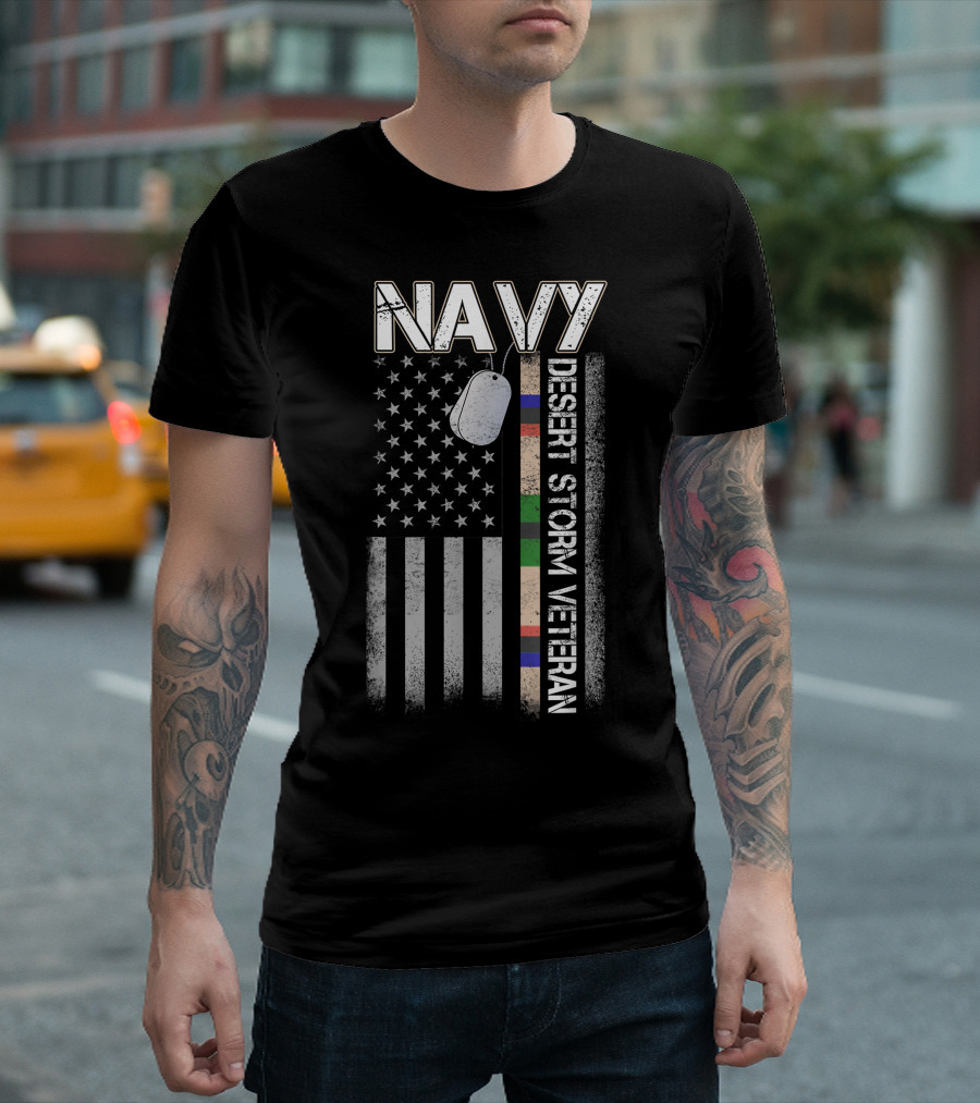 Navy Desert Storm Veteran American Flag with Dog Tag T-Shirt