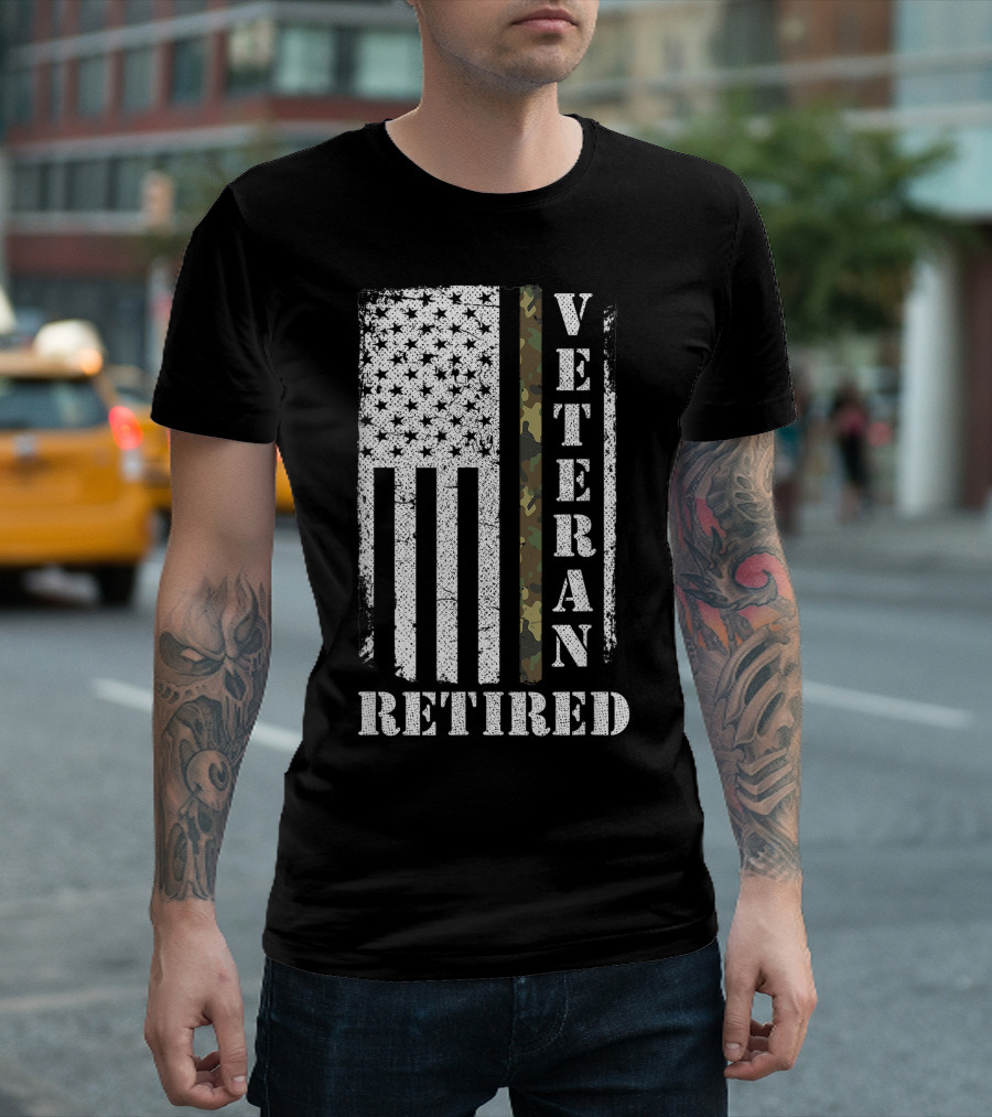 Retired Army Veteran American Flag Camo Proud Veteran T-Shirt
