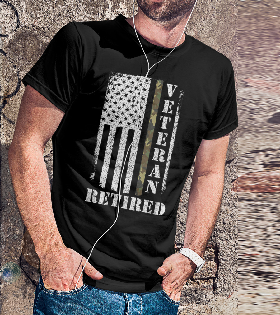Retired Army Veteran American Flag Camo Proud Veteran T-Shirt