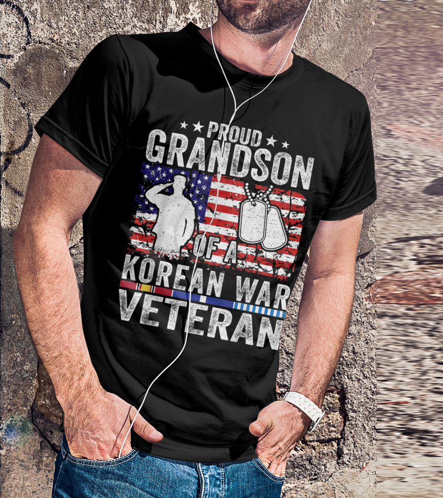Proud Grandson Of A Korean War Veteran American Flag Tribute Stars Dog Tags T-Shirt