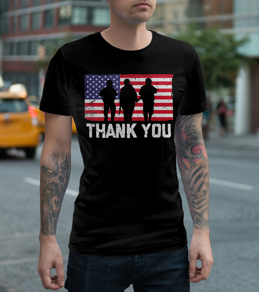 Thank You American Flag Military Heroes Silhouettes Veteran Day T-Shirt