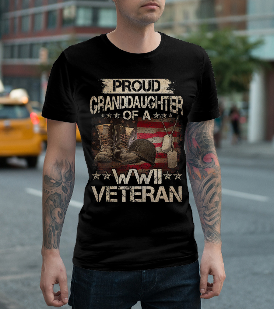 Proud Granddaughter of a WWII Veteran USA Flag and Military Memorabilia T-Shirt