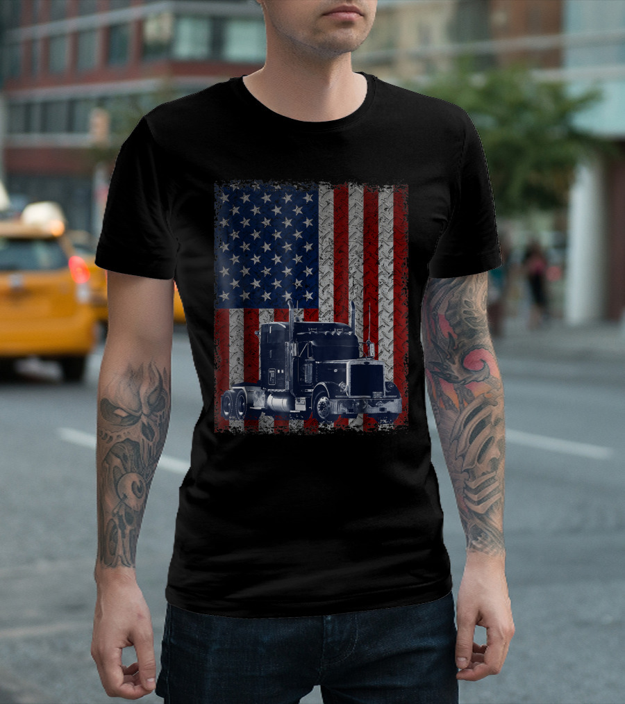 American Flag Truck Driver Trucker Patriotic Tractor Trailer T-Shirt