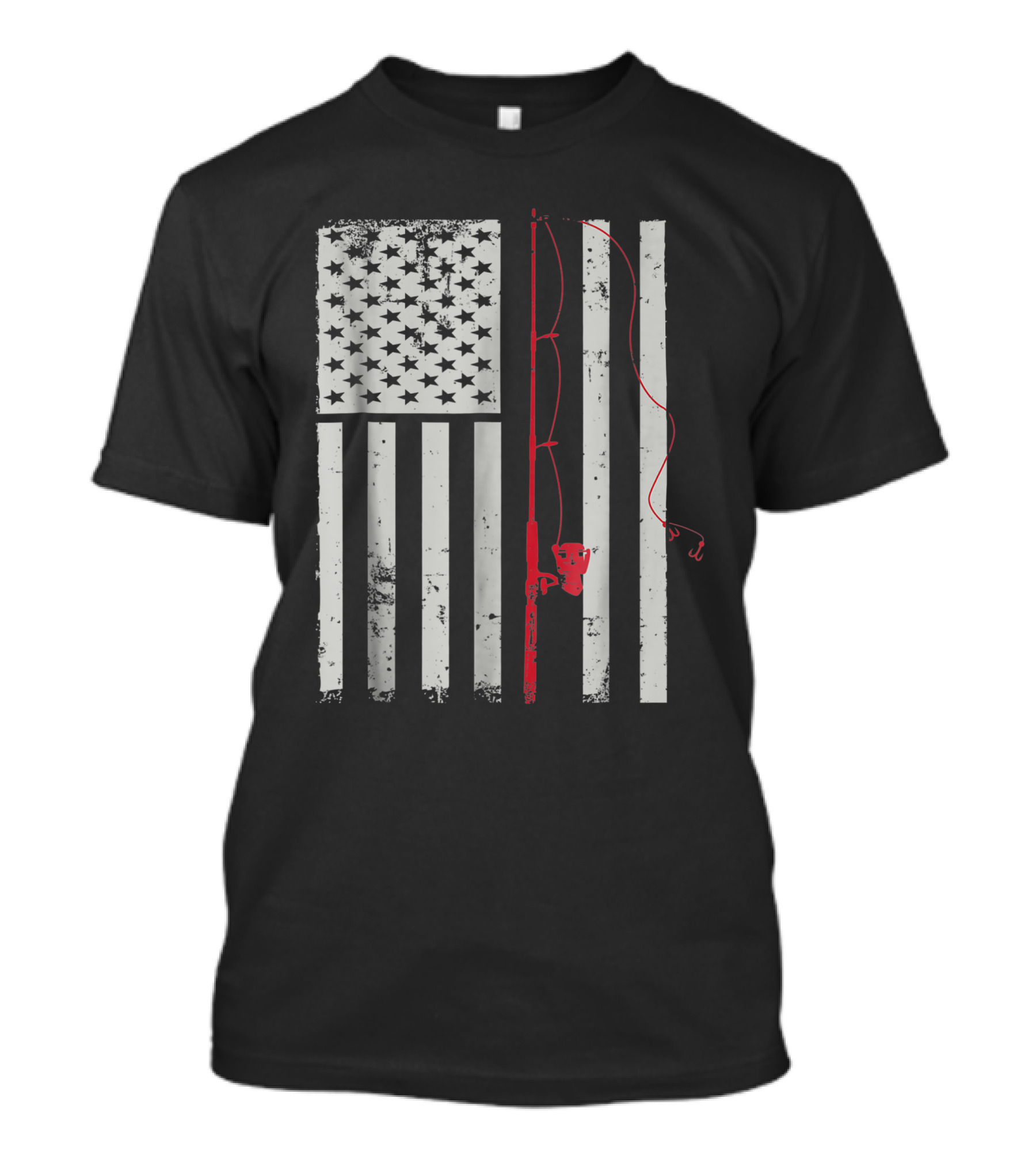 American Flag Patriotic Fishing Pole Outdoorsman Graphic T-Shirt