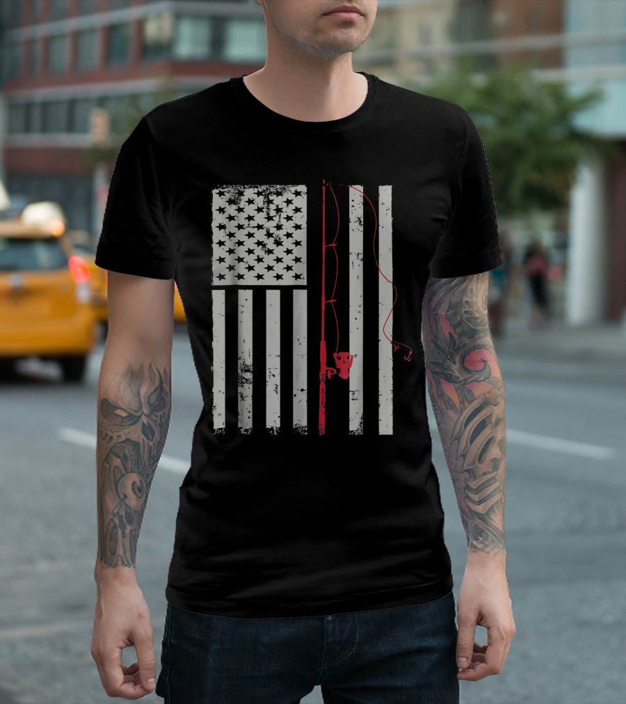American Flag Patriotic Fishing Pole Outdoorsman Graphic T-Shirt