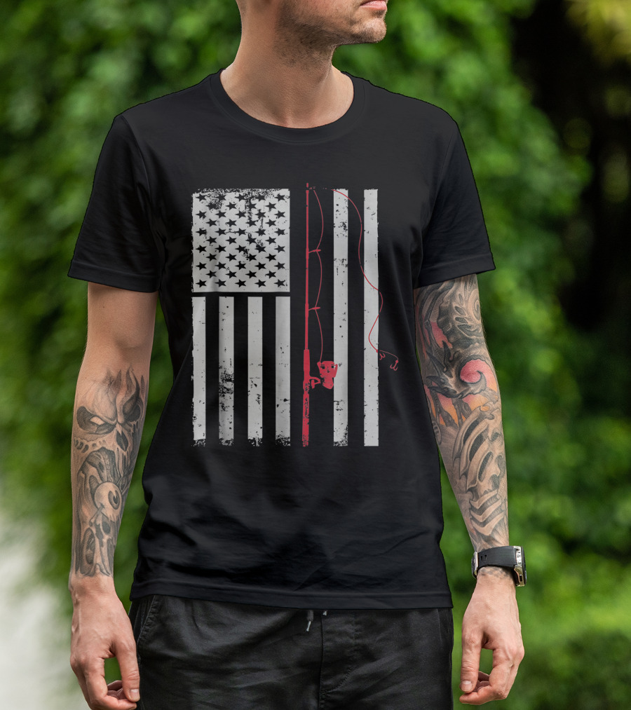 American Flag Patriotic Fishing Pole Outdoorsman Graphic T-Shirt