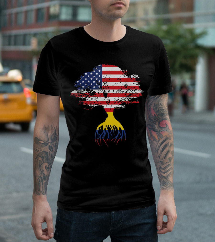 American Flag On Tree With Colombian Roots T-Shirt