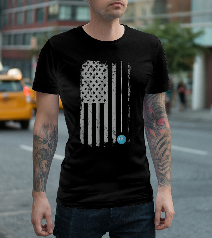 Pool Stick 8 Ball American Flag Vintage Billiards T-Shirt