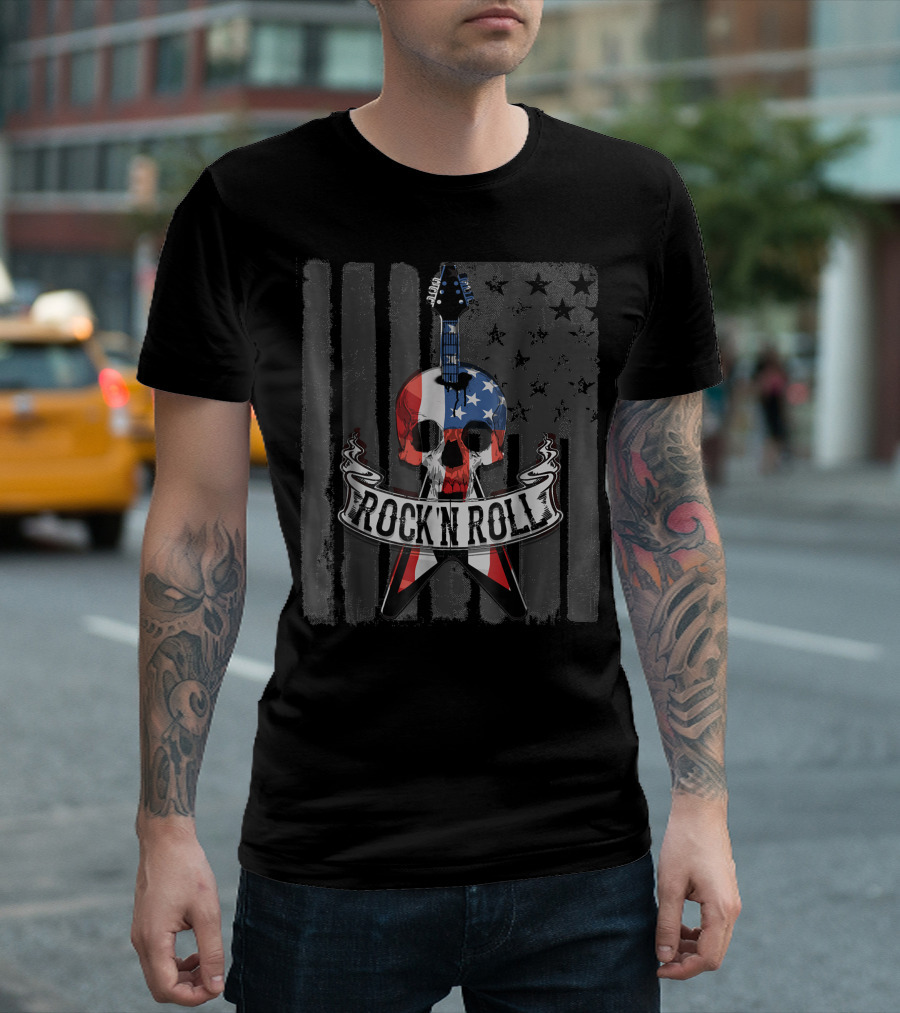 Rock N Roll Skull with American Flag Vintage Guitar and Stars T-Shirt