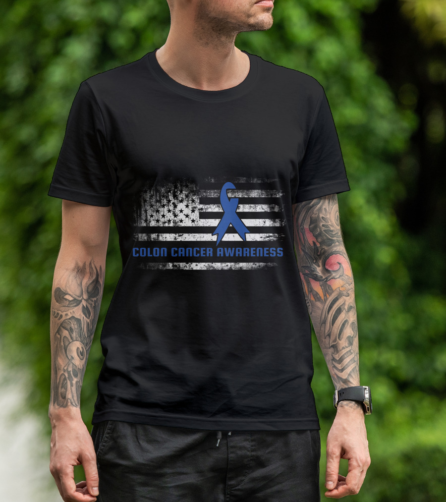 Colon Cancer Awareness Blue Ribbon American Flag T-Shirt