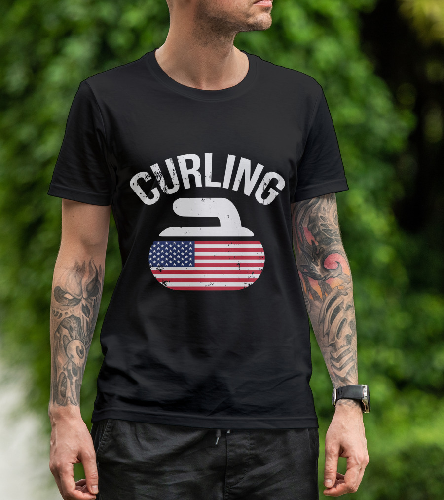 Curling Stone American Flag Red White And Blue USA T-Shirt