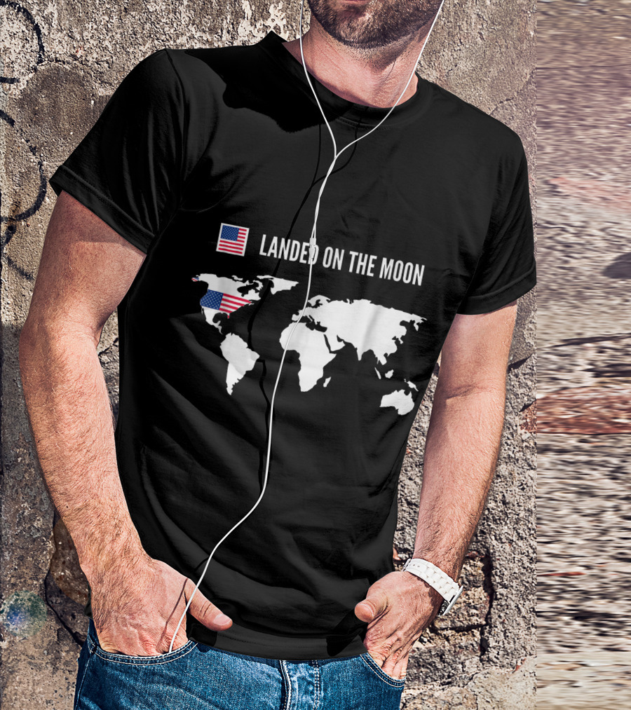 American Flag Landed On The Moon USA World Map T-Shirt