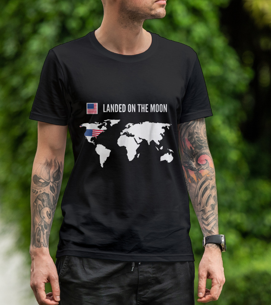 American Flag Landed On The Moon USA World Map T-Shirt