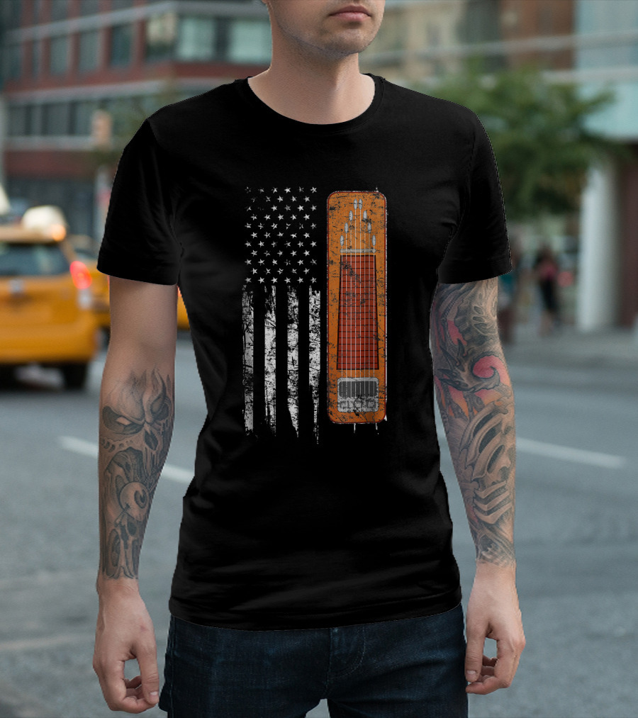 Vintage Pedal Steel Guitar with American Flag T-Shirt