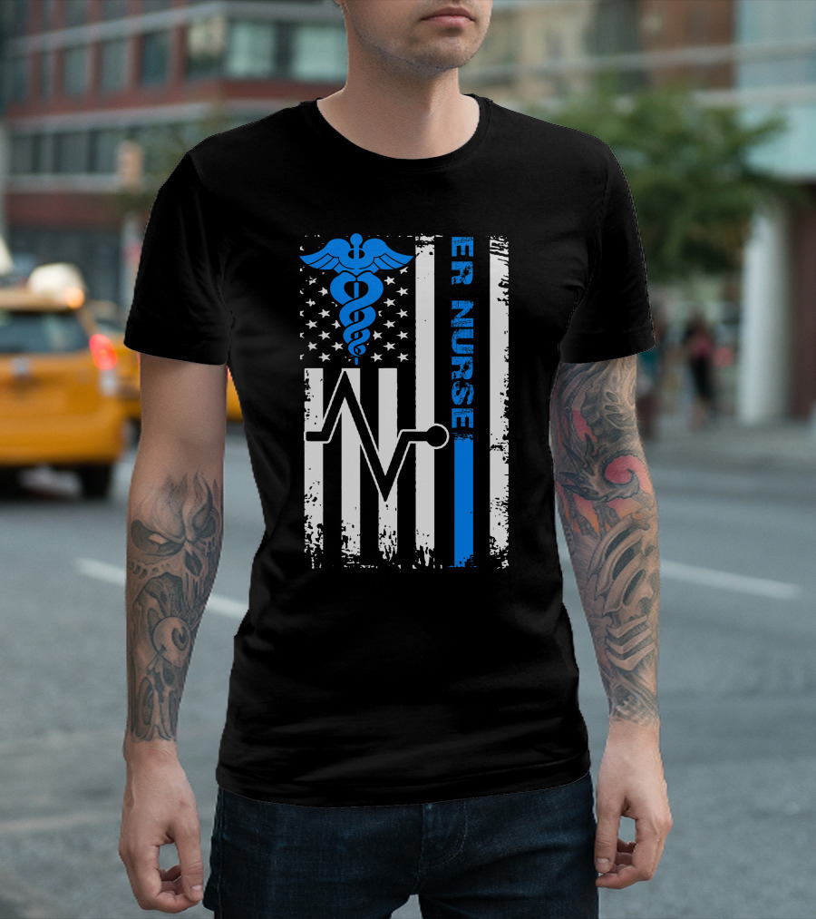 Distressed American Flag Caduceus ER Nurse with Blue Line and EKG T-Shirt