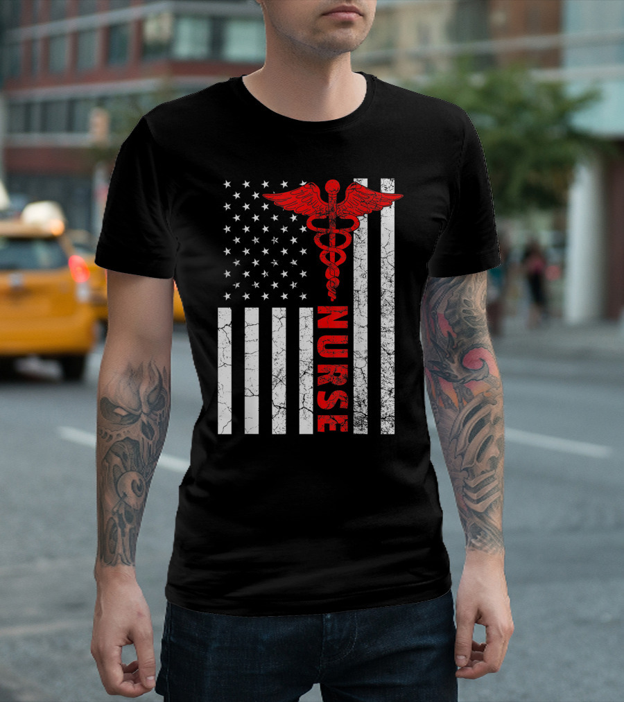 Nurse Appreciation American Flag With Caduceus RN July Celebratory T-Shirt