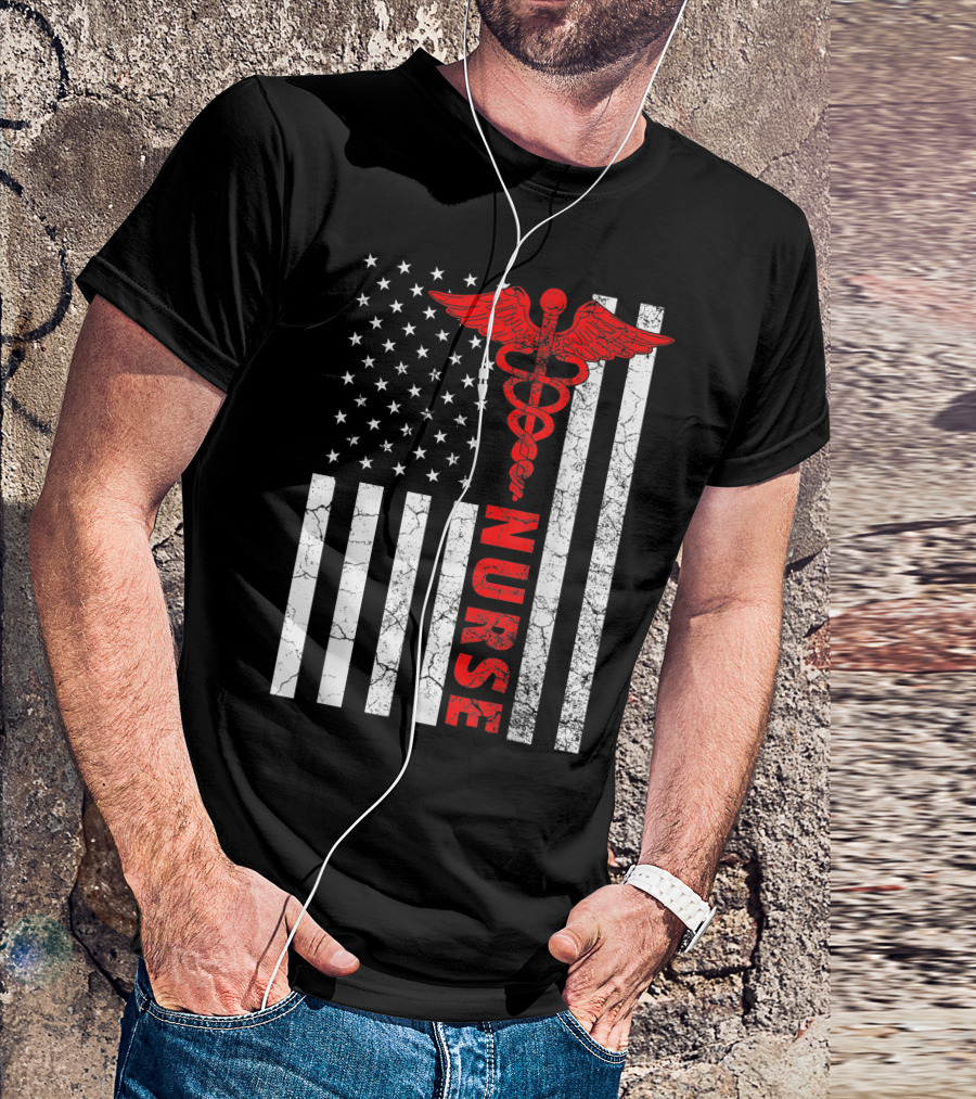 Nurse Appreciation American Flag With Caduceus RN July Celebratory T-Shirt