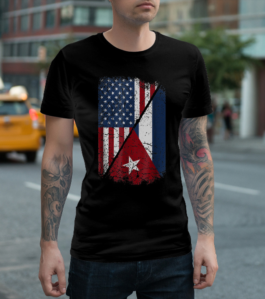 Cuban American Flag Split Design Featuring United States And Cuba Flags T-Shirt