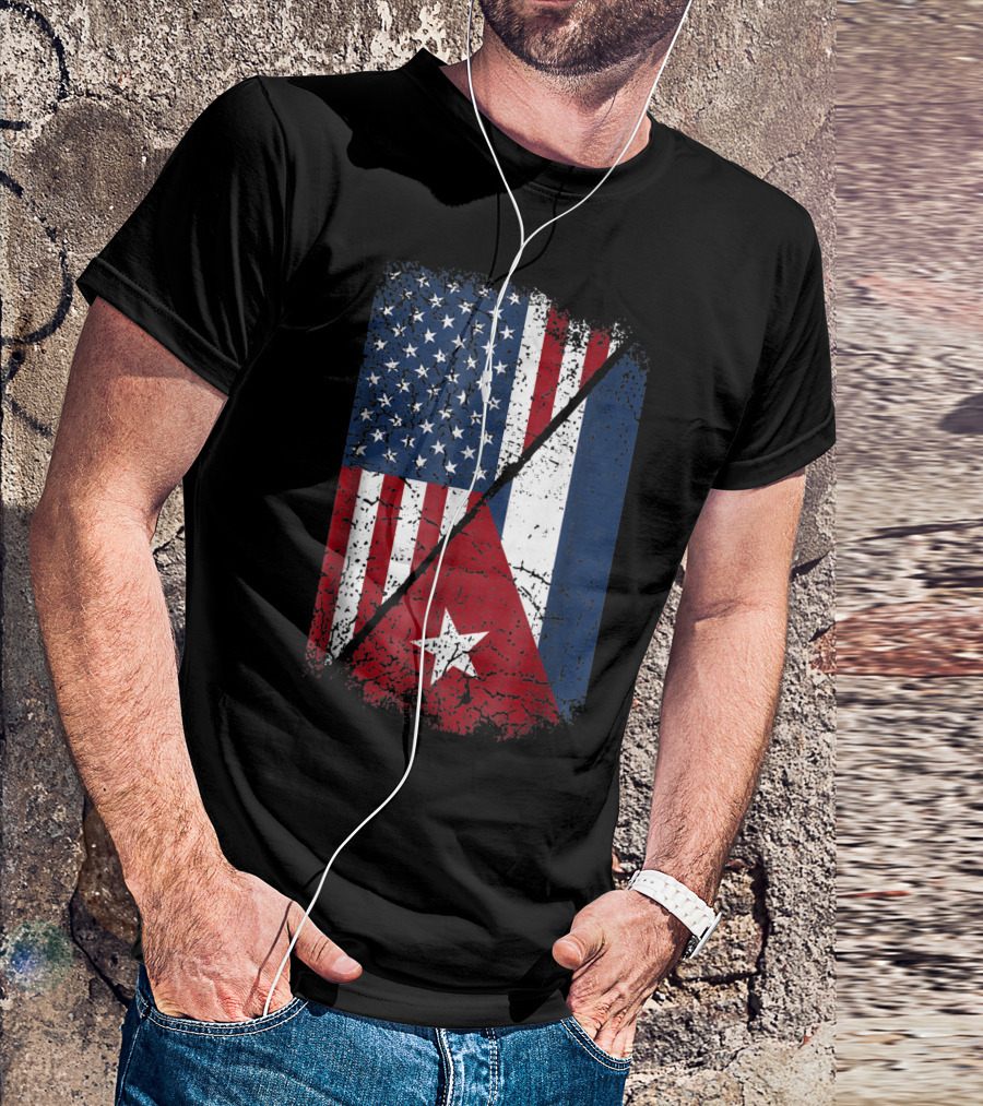 Cuban American Flag Split Design Featuring United States And Cuba Flags T-Shirt