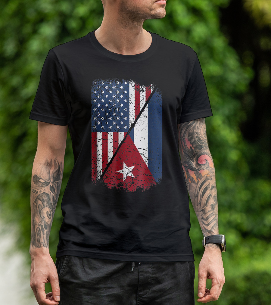 Cuban American Flag Split Design Featuring United States And Cuba Flags T-Shirt