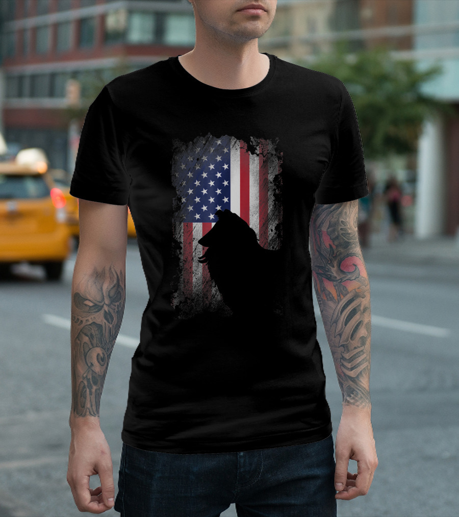 Rough Collie American Flag USA Patriotic Dog Silhouette T-Shirt